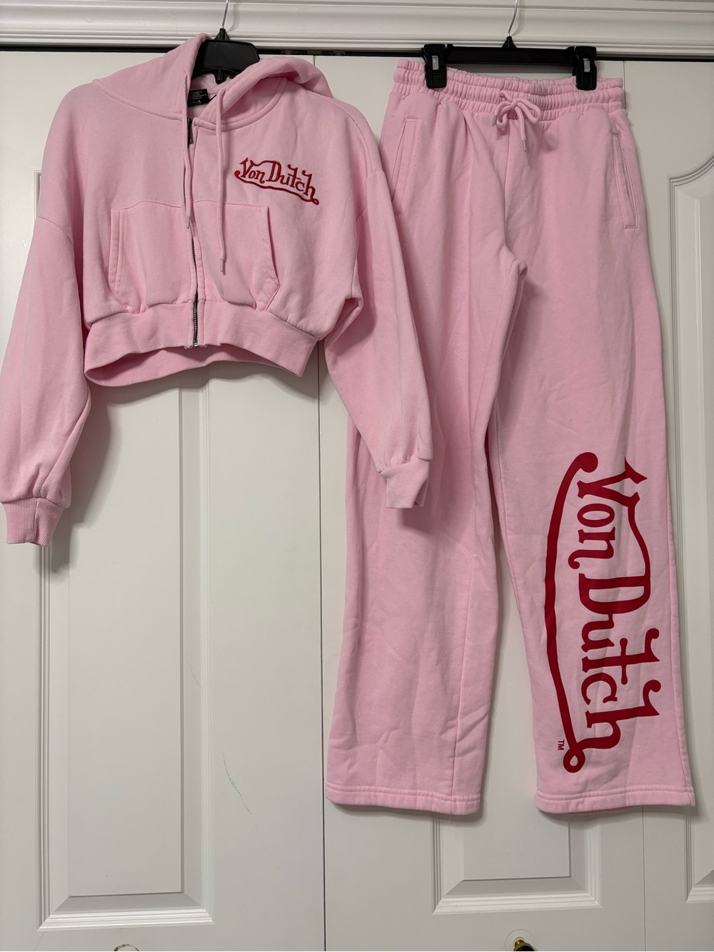 Von Dutch Pink Sweatpants & Hoodie Jogger Set with Red Logo